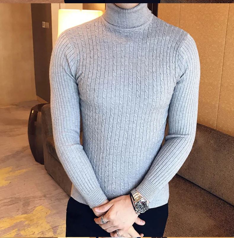 Men's High Neck Sweater Solid Color Pullover Knitted Warm Casual Turtleneck   Men Clothes