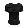 Gentle wind irregular pleated swinging neck short-sleeved top summer summer slim and thin ins pure desire T-shirt women