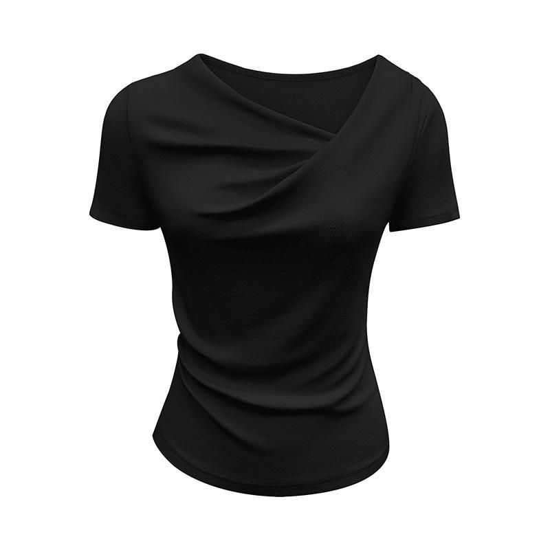 Gentle wind irregular pleated swinging neck short-sleeved top summer summer slim and thin ins pure desire T-shirt women