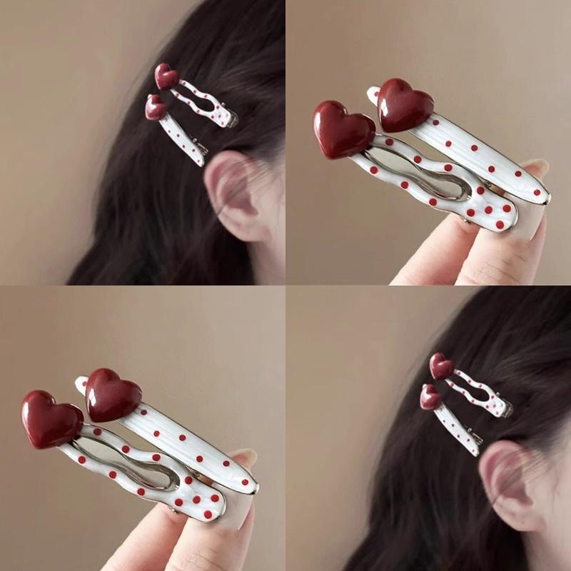 2Pcs Red Heart Cherry Dot Hair Clip for Women Sweet Irregular Water Droplets Side Clip Simple Y2K Hair Accessories