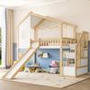 Loft Bed, 90x200cm, Bed Guard Rail, Storage Ladder, Window, Slide, House Trim, Natural+White