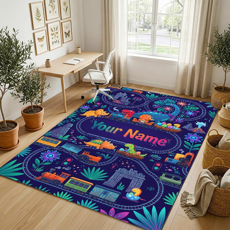 Dinosaur Theme Crystal Velvet Rug Personalized Custom Name Text Soft Floor Mat Home Decor