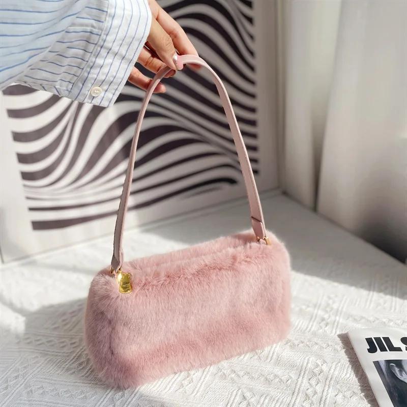 Winter Casual Portable Women's Plush Shoulder Bags Simple Commuter Ladies Furry Underarm Bag Versatile Faux Fur Female Handbags