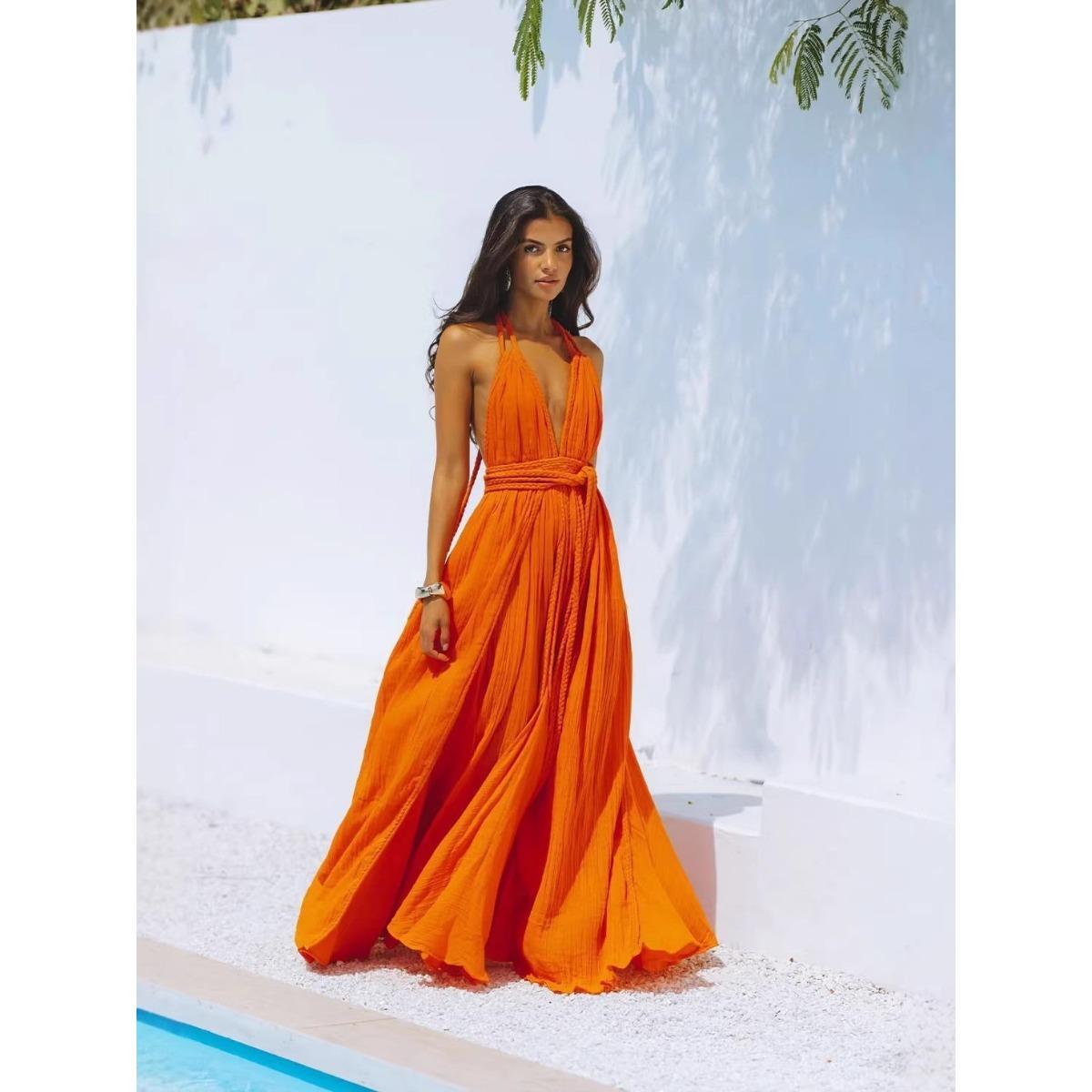 Women`s Summer Vacation Backless Tie-up Solid