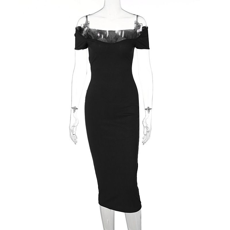 Style European and American Foreign Trade Women Clothes Low Cut Square Collar Short Sleeve Waist Hugging Sheath Slim Fit Sexy Temperament Thread Dress