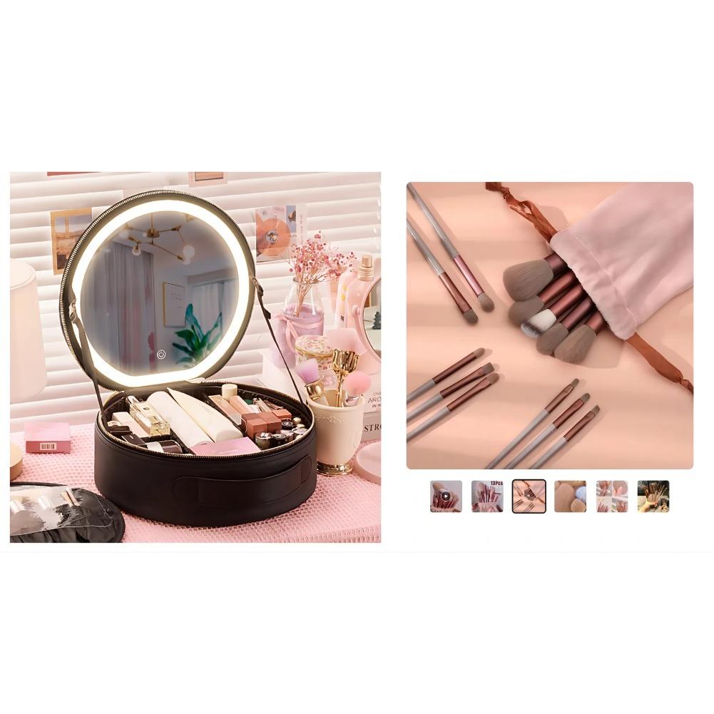 

Круглая косметическая коробка для хранения, туалетное зеркало с подсветкой, переносная косметичка большой емкости, женская косметичка
