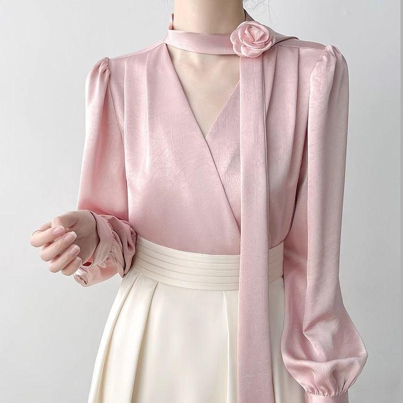 

Атласные женские рубашки с 3D-цветком на завязке, с длинным рукавом, с V-образным вырезом, женские пуловеры, универсальная женская весенняя однотонная рубашка 2XL розовый