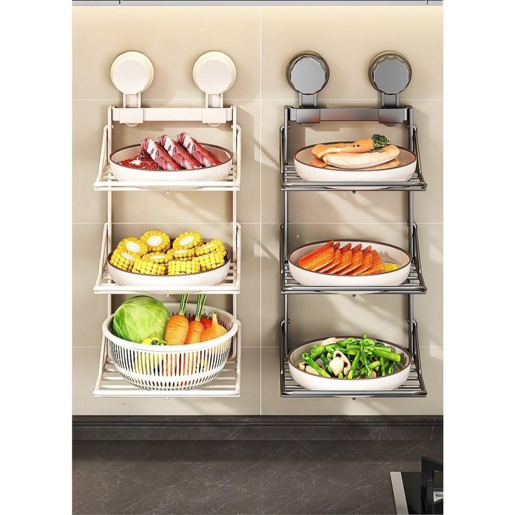 Suction Cup Storage Rack, Kitchen Wall Mounted Multifunctional Side Dish Tray, Foldable Multi-layer Fruit and Vegetable Storage Rack