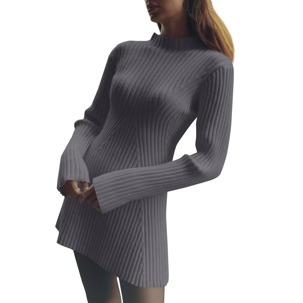 Damen Einfarbig Temperament Rundhals Lose Pullover Threaded Strickkleid