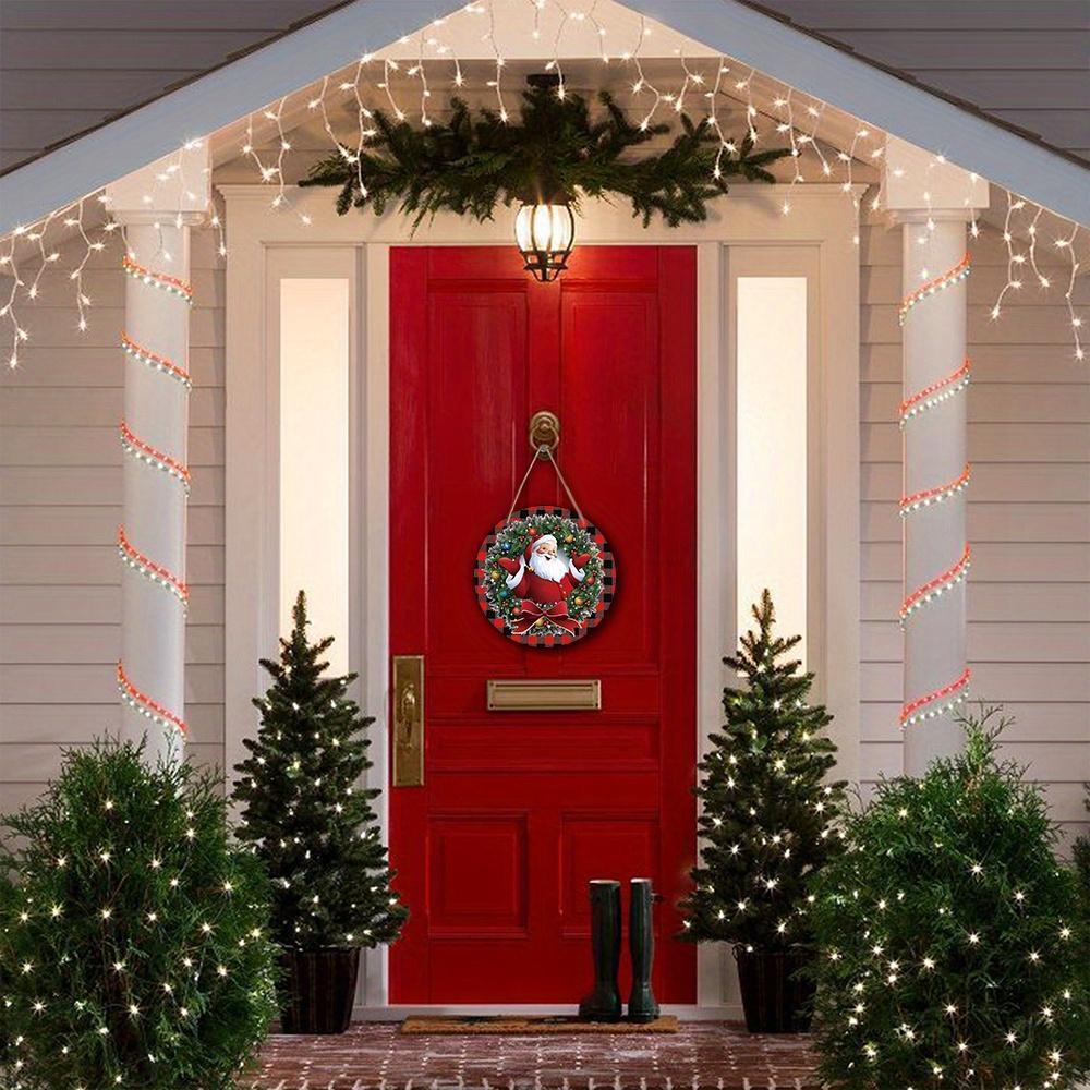 Christmas Wooden Sign with Kindly Santa Claus Pattern - Buffalo Plaid Navidad Sign for Front Door, Wall Hanging Decor - Ideal Christmas Gift