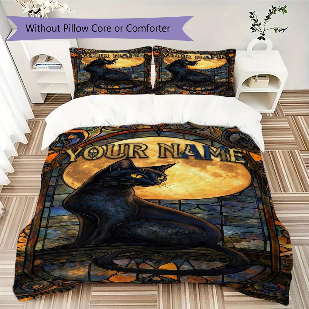 Custom Name Black Cat Majesty Bedding,Quilt Set Quilt Cover Pillowcase Home Birthday Gift(1 * duvet cover + 2 * pillowcase, without core)_lx