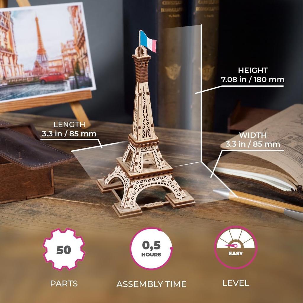 Ugears Eiffel Tower 70249 Wooden No Glue or Tools 3D Assembly Instructions For Beginners Puzzle, Required, Puzzle, Included,