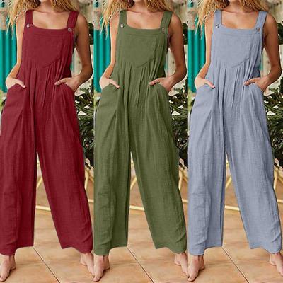 Women's Summer Solid Color Loose Overalls with Side Pockets