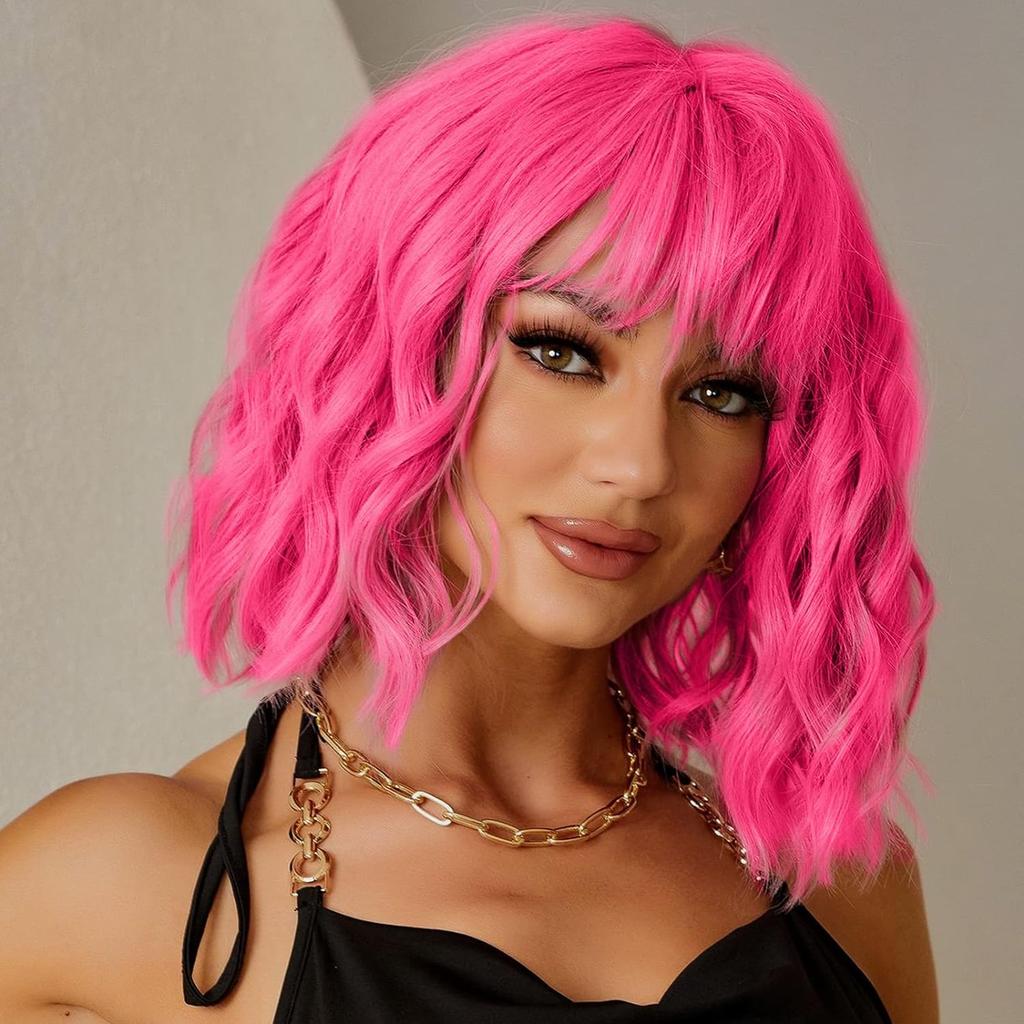 Short Pink Wigs for Women Short Wavy Light Pink Wigs with Bangs