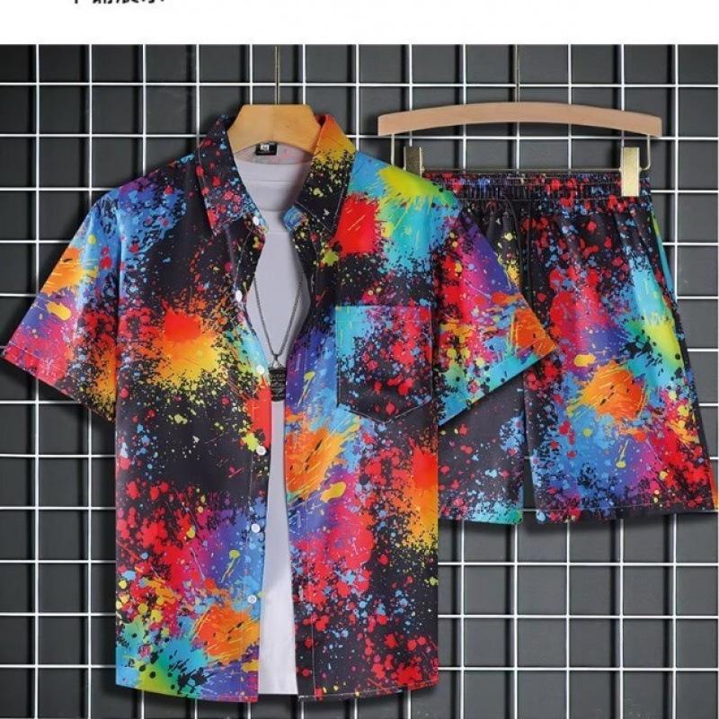 Classic Comfortable Tie-dye Watercolor Ink Color 3D Print Shirt +Shorts Two Piece Set Short Sleeve Flip Collar Shirts Half Pants