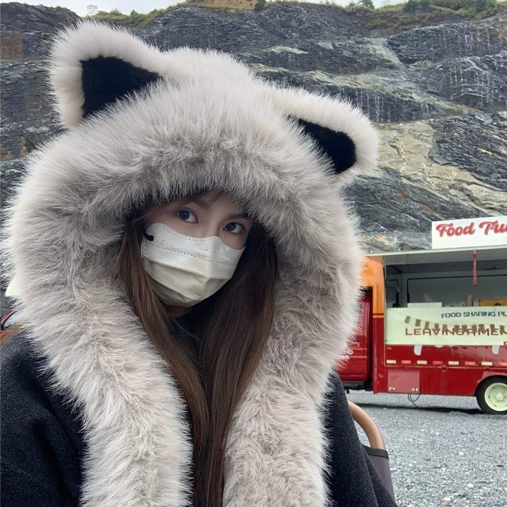 A Soft Polyester Faux Fur Cat Ear Hat with an Integrated Scarf, Suitable for Both Men And Women In Winter, Stylish And Unisex,