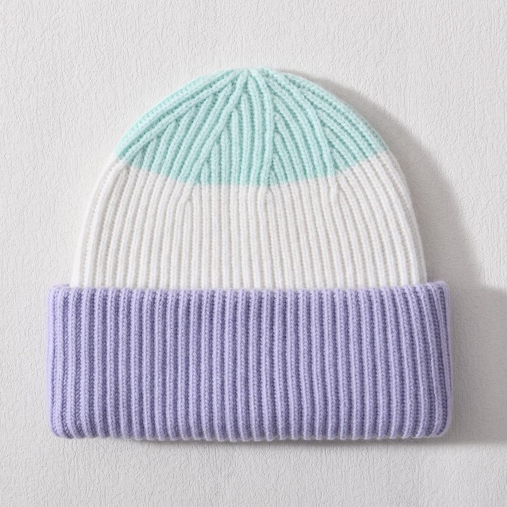 Color Matching Rabbit Plush Wool Hat Double-layer Flipped Brim Versatile Knitted Hat Warm Autumn and Winter Fashion Windproof Striped Hat Women