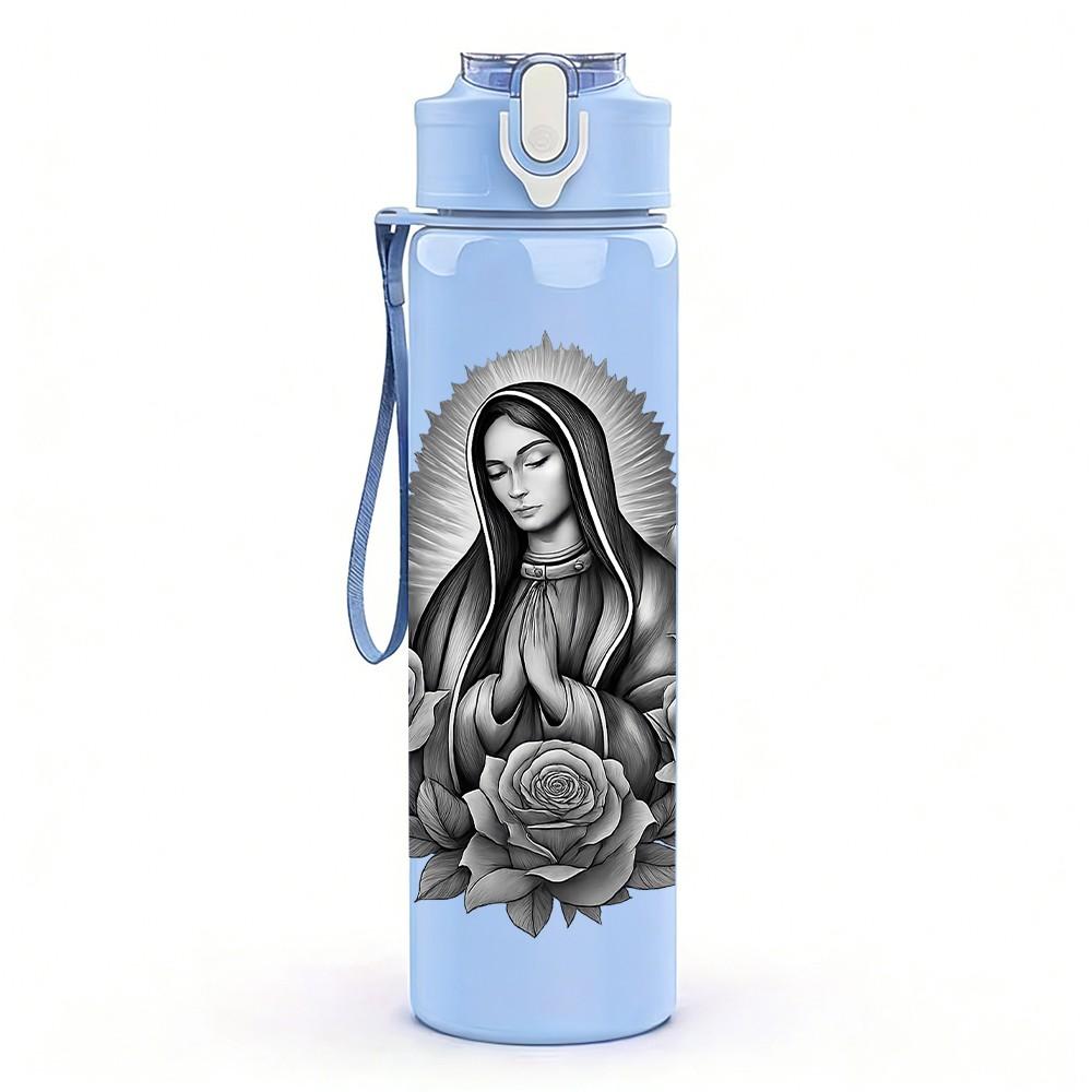1PC Virgin Mary Floral Portrait 750ml Color Plastic Sports Water Bottle Leakproof Flip Straw Lid Suitable for Sports Office Home Use