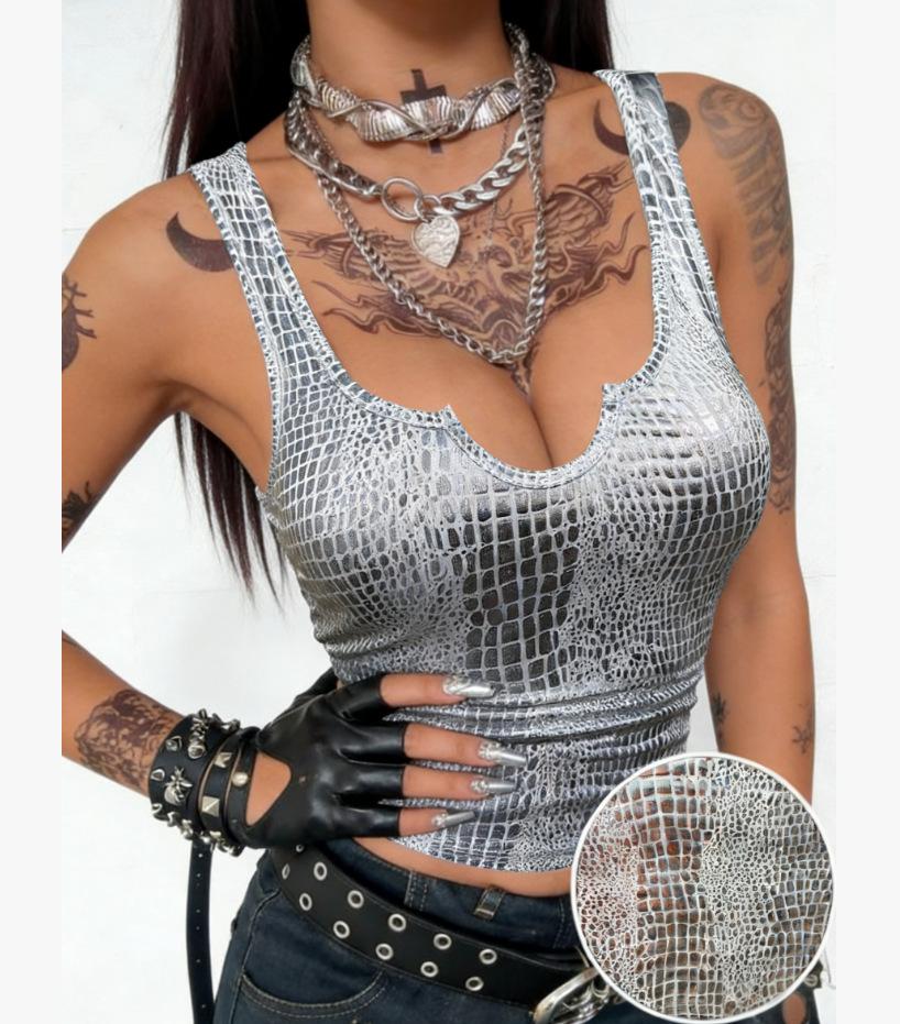 European and American hot-selling crocodile pattern U-neck vest top