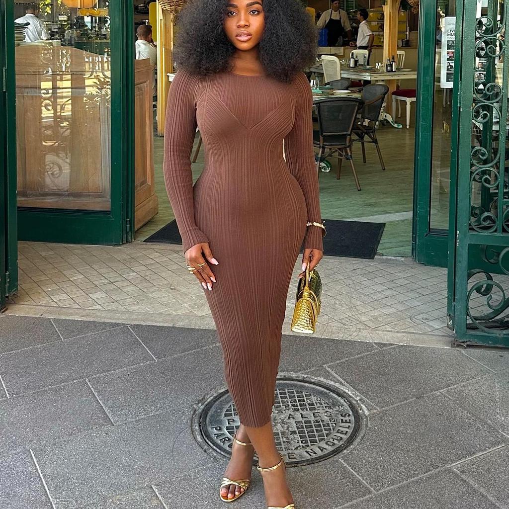 Szykowna Moda Seksowna Sukienka Dzianinowa z Długim Rękawem, Opakowująca Biodra, Damska Jesienno-Zimowa Sukienka Swetrowa, Streetwear, Obcisłe Stroje