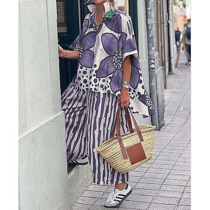 Spring And Summer Casual Ladder Lapel Trousers Short Sleeve Two-piece Set Comfortable And Fashionable Elegant Shirt Set
