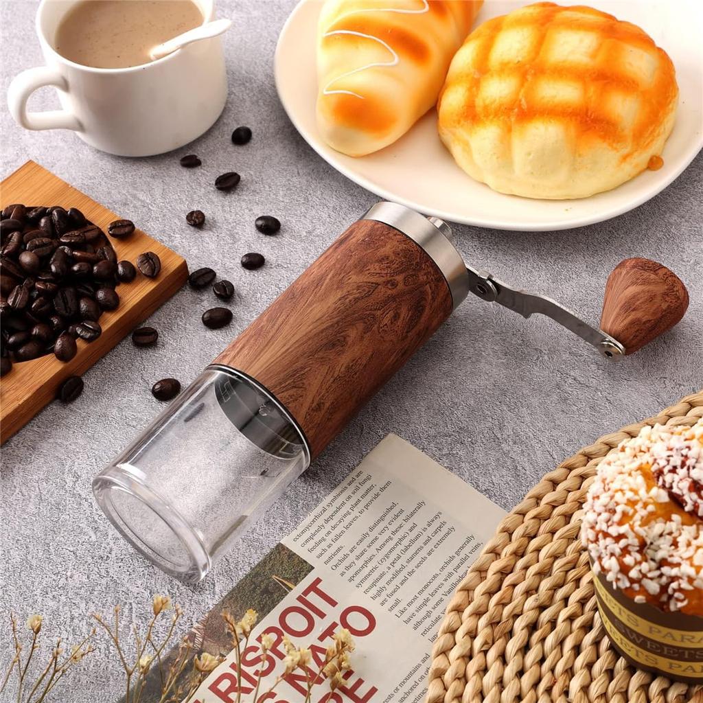 Manual Coffee Grinder with Ceramic Burrs, 304 Stainless Steel, Wooden Handle, 5-Level Adjustment, and Extension Crank for Home, Office, and Travel
