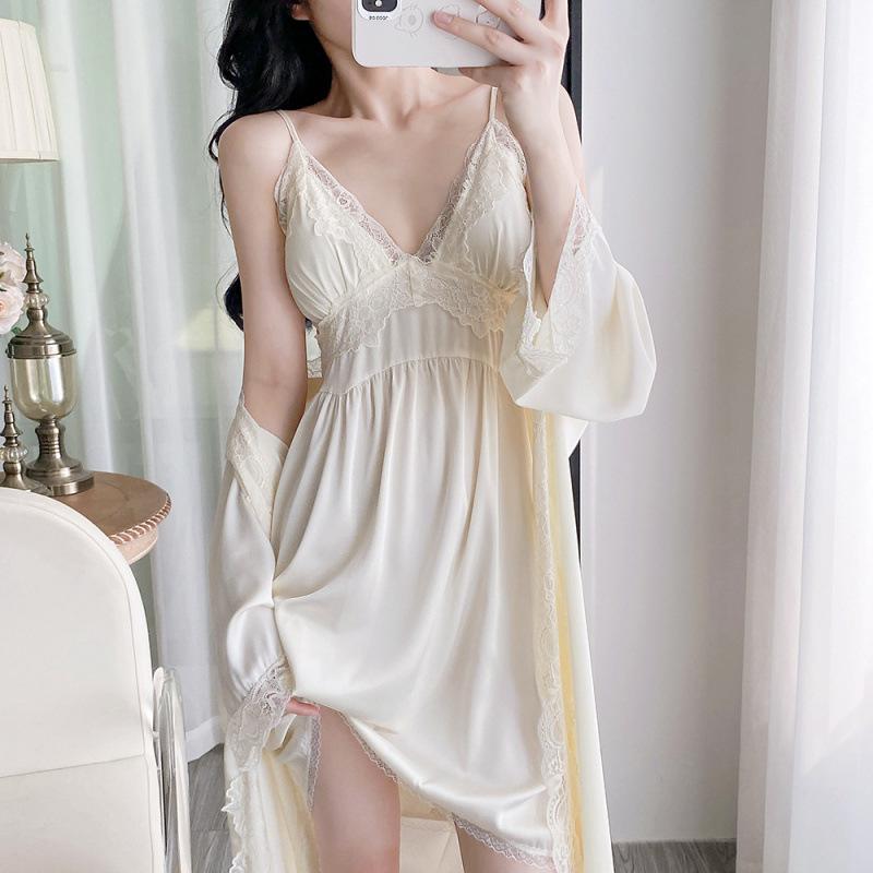 1011 spring, summer and autumn new ice silk sexy pajamas women's pure desire lace high waist and thin hanging skirt with chest pad nightgown