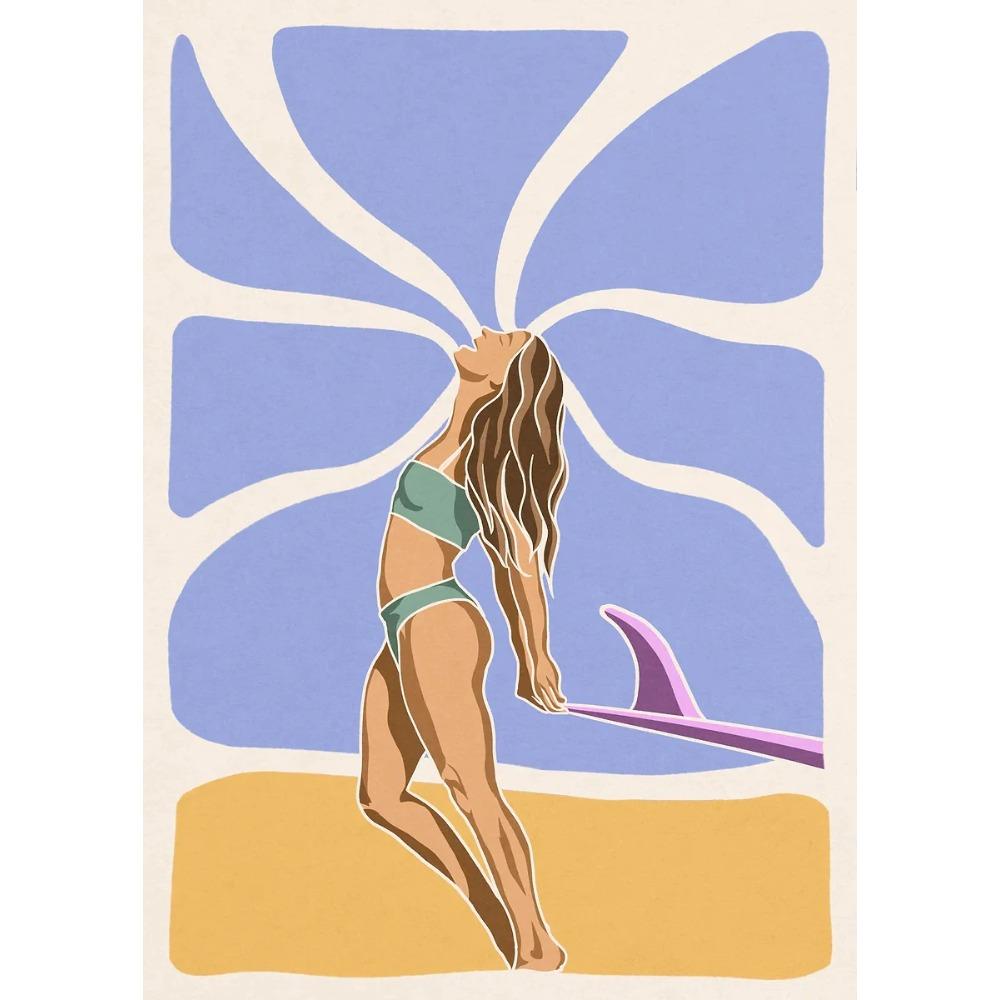 Minimalistische Surf-Mädchen Poster Meeresblick Strandhaus Drucke Leinwandbild Wandkunst Bilder Haus Sportliches Teenie-Mädchenzimmer Dekoration