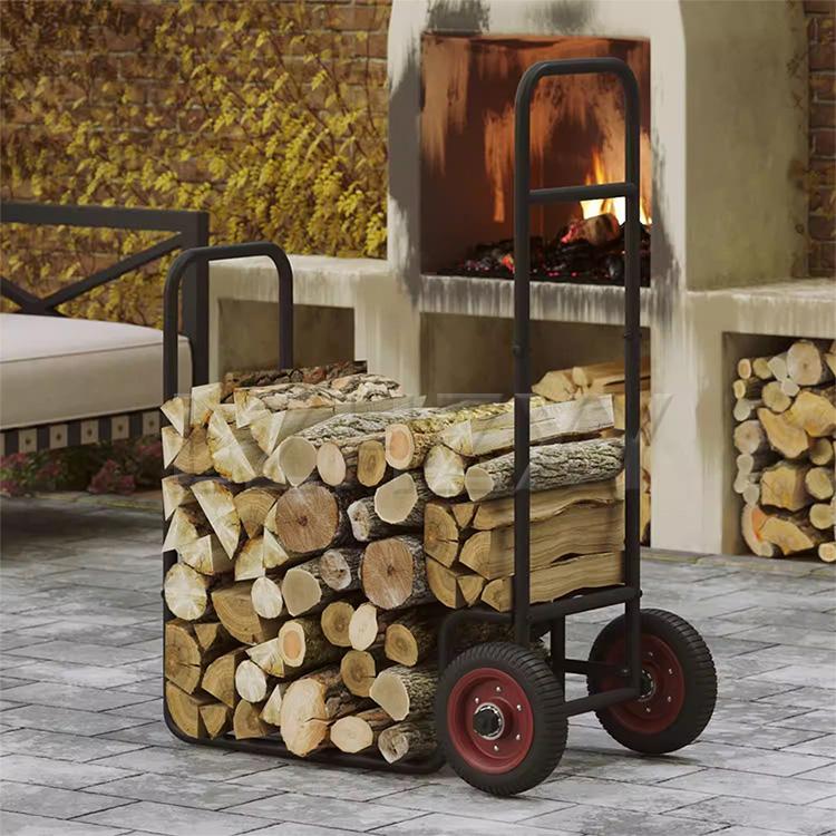 Wood-Burning Vertical Hand Cart Indoor/Outdoor Firewood Rack Storage and Transport Cart Heavy-Duty Steel with Wheels