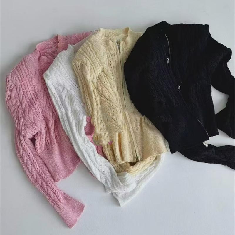 Stand-up collar zipper twist pattern shoulder pad knitted cardigan, fashionable short exquisite hollow sweater jacket