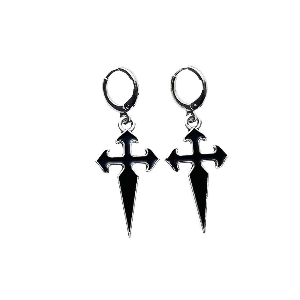 Boucles d'oreilles tendance rétro avec pendentif croix en alliage finition émail dégoulinant - Manchettes d'oreille hip-hop à la mode.