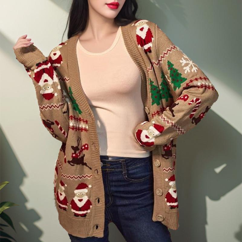 Fashionable Lazy Style Loose Long Sleeve Sweater Knitted Cardigan Women's Vintage Forest Style V-Neck Sweater