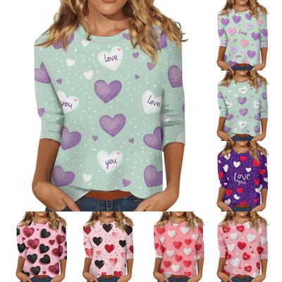 Women's Tops Three-quarter Sleeve Valentine's Day Shirt Round Neck Loose Casual Shirt
