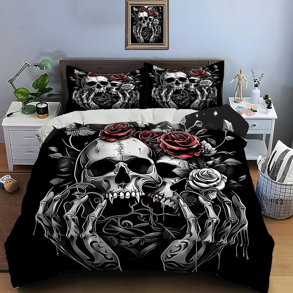 Skulls, Roses, And Skeleton Hands Art Print Soft Comfortable Duvet Cover Bedding Set Included 1*Duvet Cover 2*Pillowcases EU Twin 135X200cm&set