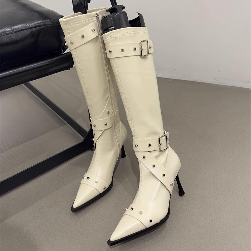 2025 Autumn and Winter New Rivet Belt Buckle High Boots Women's Shoes Pointed Fashion Thin High Heel Elastic Thin Boots Long Boots