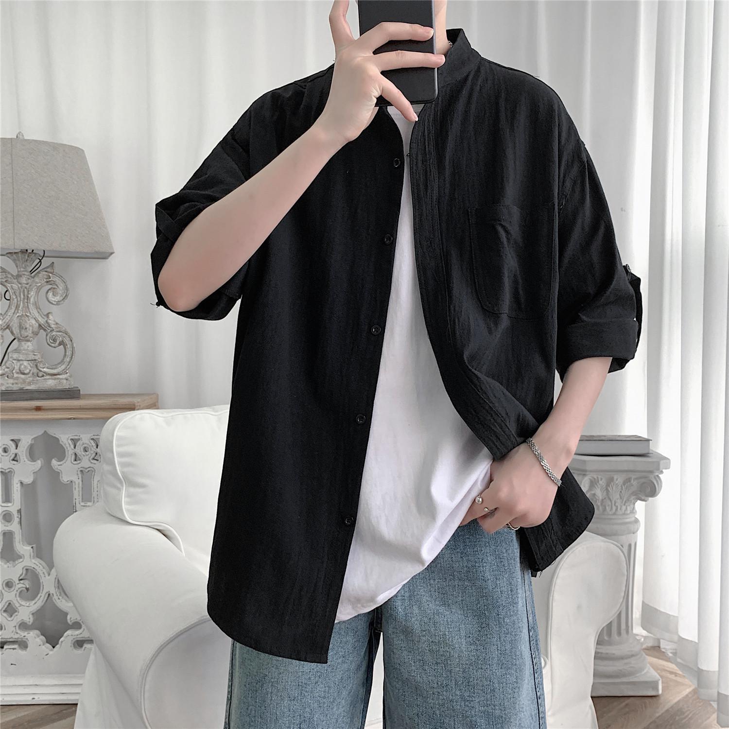 

2022 літня нова повсякденна чоловіча сорочка, бавовняні однотонні сорочки три чверті для чоловіків M чорний