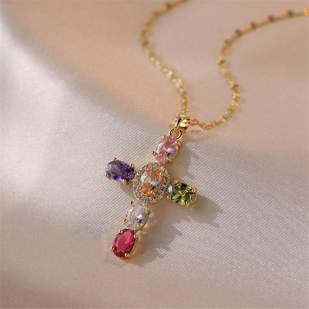 Luxury Female White Rainbow Zircon Stone Cross Pendant Necklace Vintage Gold Color Wedding  For Women