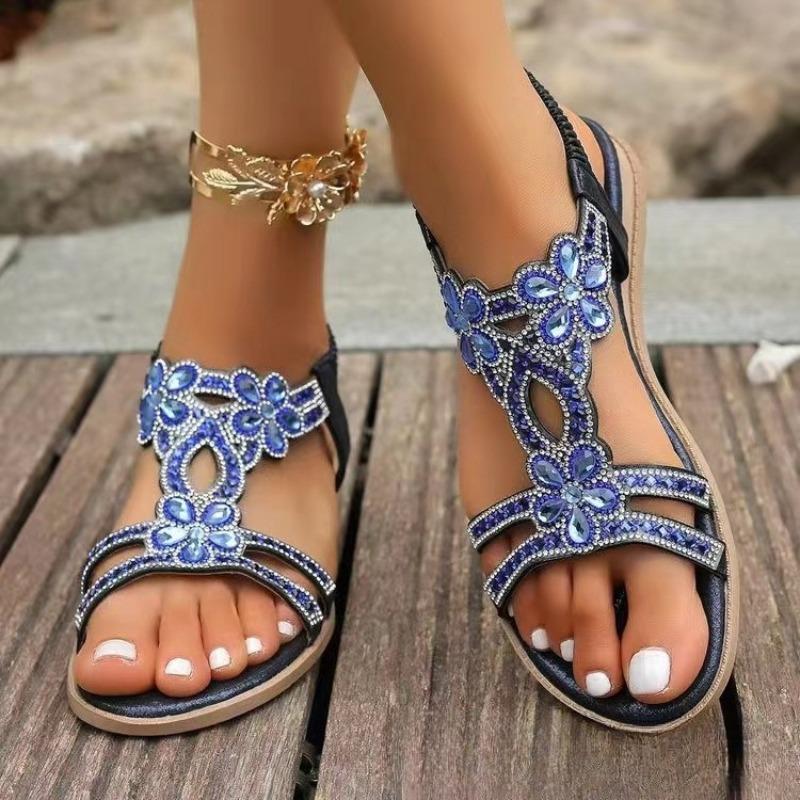 Mode Übergröße 36-46 Damenschuh Strass Flache Sandalen Gummiband Strandschuhe für Frauen Mode Lässig Offene Zehen Sandalias De Mujer