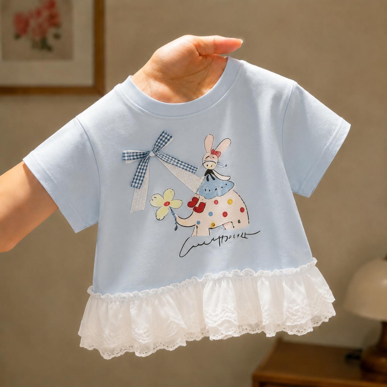 Girls Summer Blue Cartoon Print Lace Splice Short Sleeve T Shirt Sweet Cute Stylish Top 90