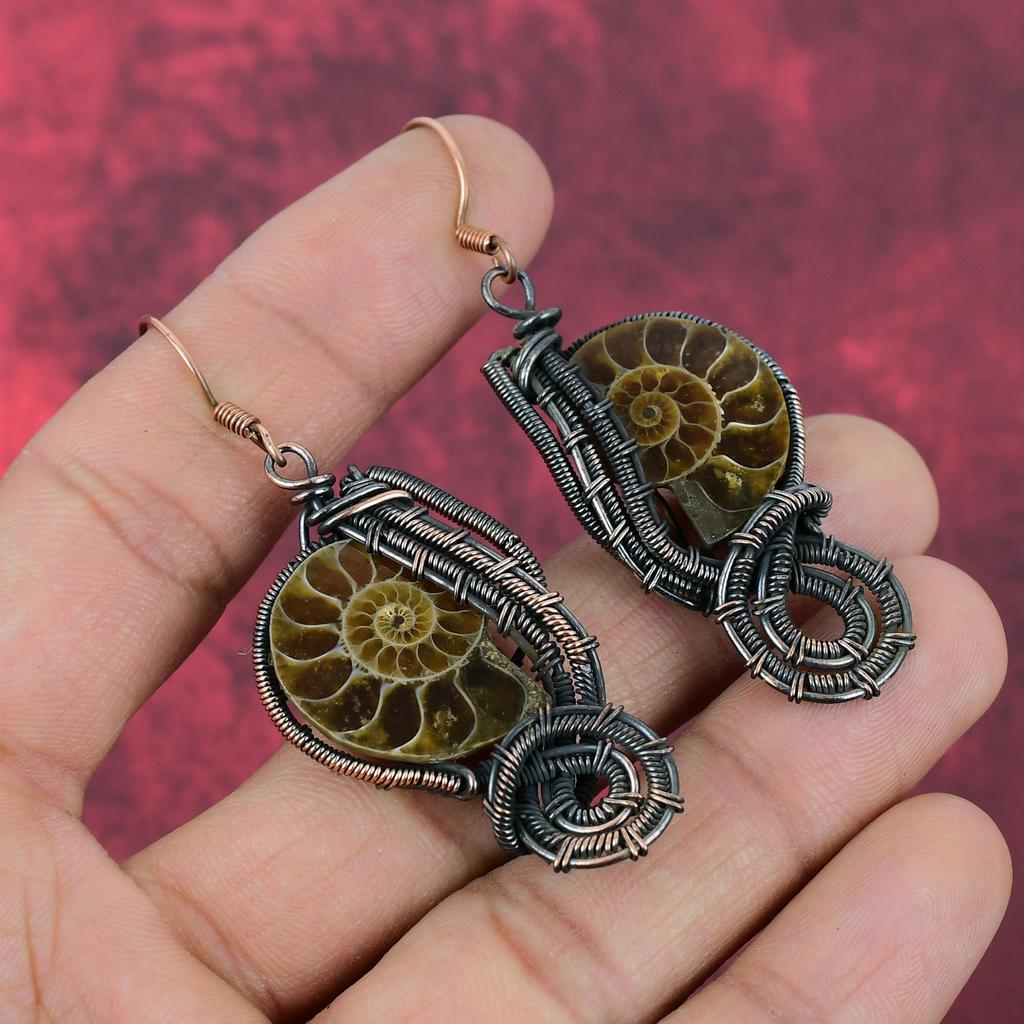 Ammonite Fossil Earring Copper Wire Wrapped Earring Handmade Dangle Jewelry Natural Gemstone Earring Anniversary Gifts Copper Wire Jewelry