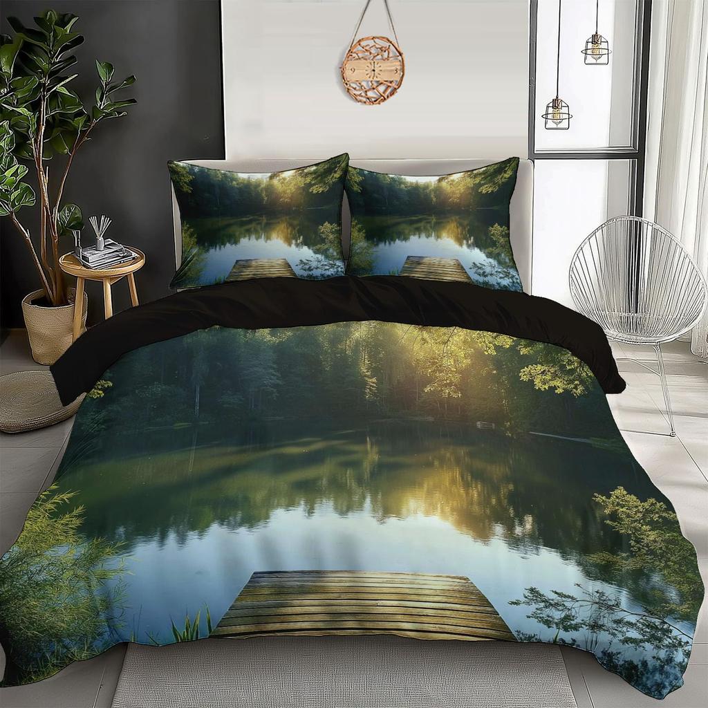 Lake Duvet Cover Sets for Kids Teens Queen Quilt Covers Lightweight Down Bedroom Decor 2 Pillowcases 1 Duvet Cover No Comforter
