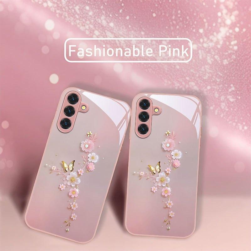 Pink flower butterfly pattern glass phone case suitable for Samsung Galaxy S26 S25 S24 S22 S21 S20 FE Ultra Plus anti scratch