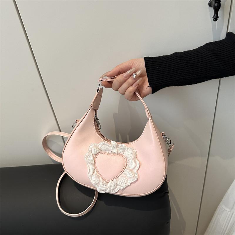 Pu Dumpling Shaped Handbag With Heart Lace Design For Casual Outings