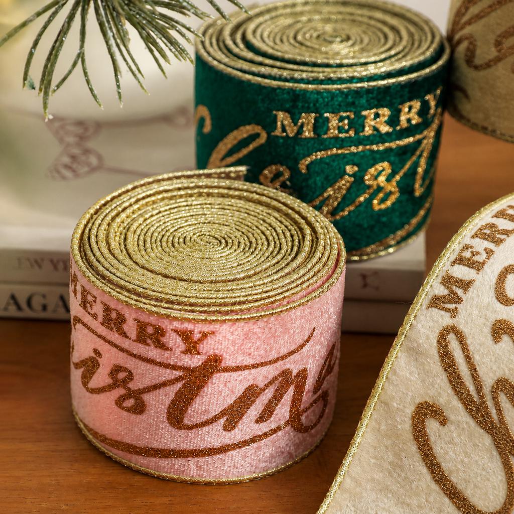 2m/Roll 6.3cm Flocked Christmas Ribbon Glitter Merry Christmas Letter Printed Ribbons For Xmas Holiday Gift Wrapping Bow Decor