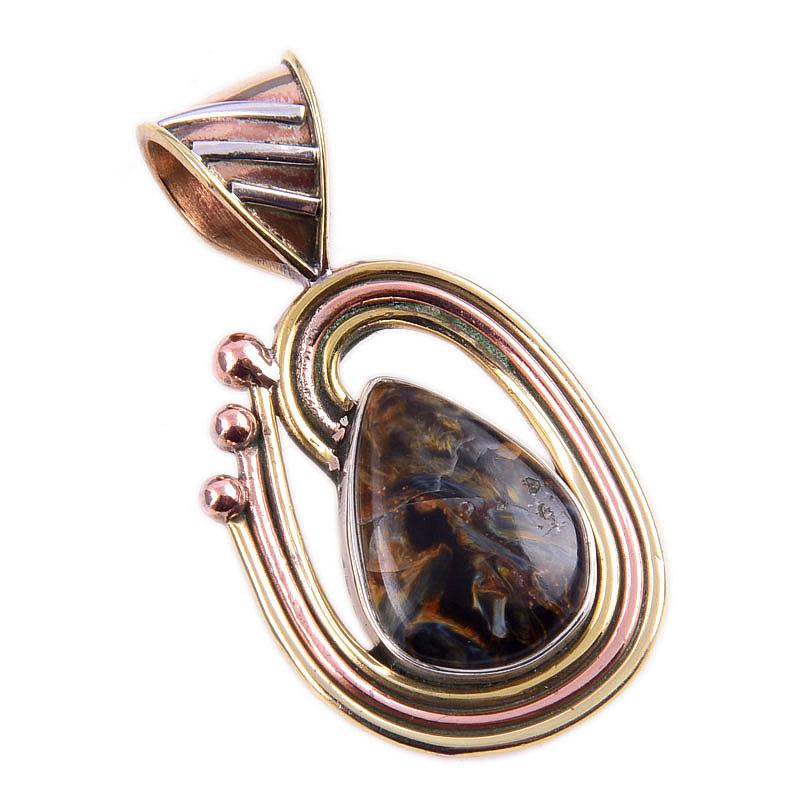 Natural Pietersite Gemstone 925 Solid Sterling Silver TwoTone Pendant 1.50" U7v05
