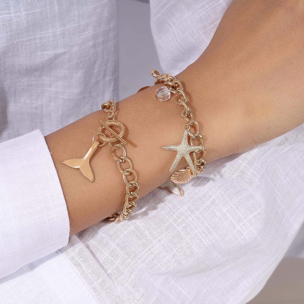 2pcs/set Gold Color Starfish Shell Bracelet for Women Girls Summer Beach Bracelets Chain Party Holiday Jewelry Gift