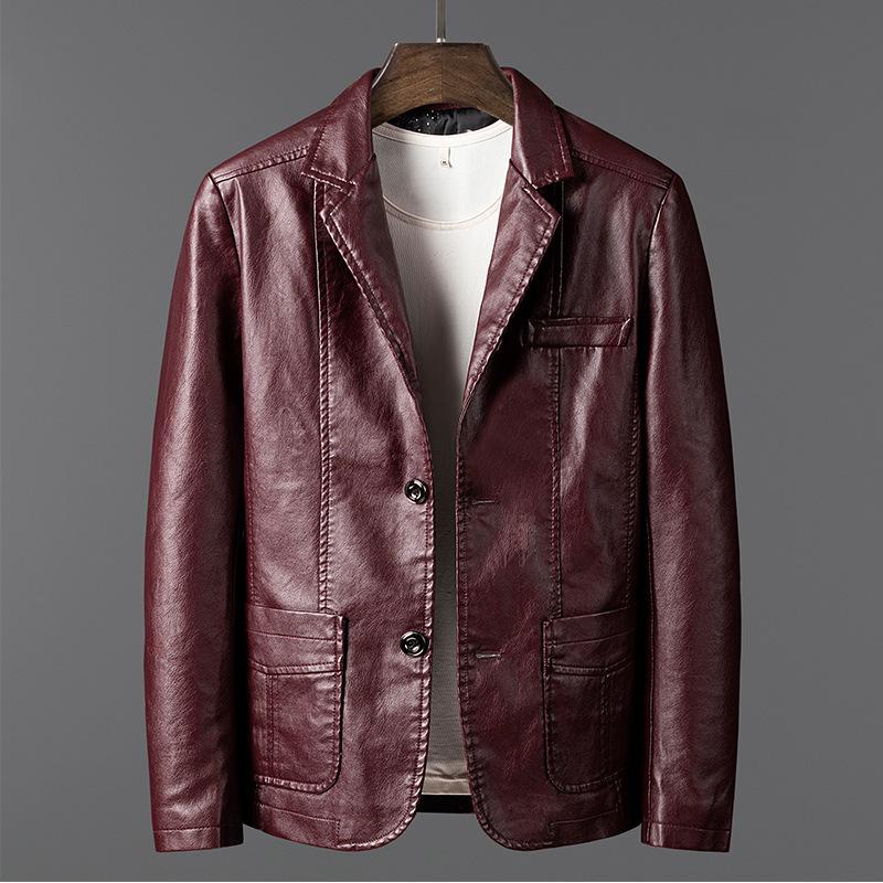 Men's Dark Blue Faux Leather Blazer Jacket with Notch Lapel