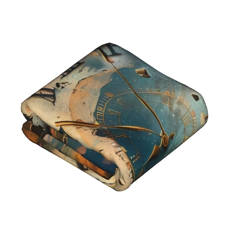 Comfortable clock and planetary printed flannel blanket-soft,warm lightweightseasonmachinewashablecolorfulretrostylefantasytheme