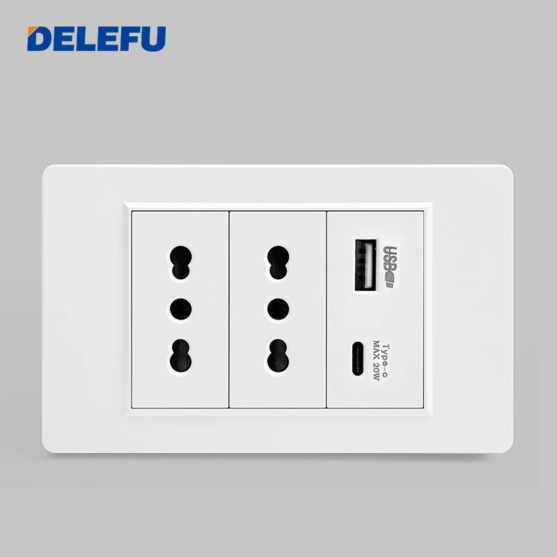 DELEFU Italian Standard White 118 Type Wall Switch Socket with USB + TYPE-C Socket Is Suitable for Hotels and Households.