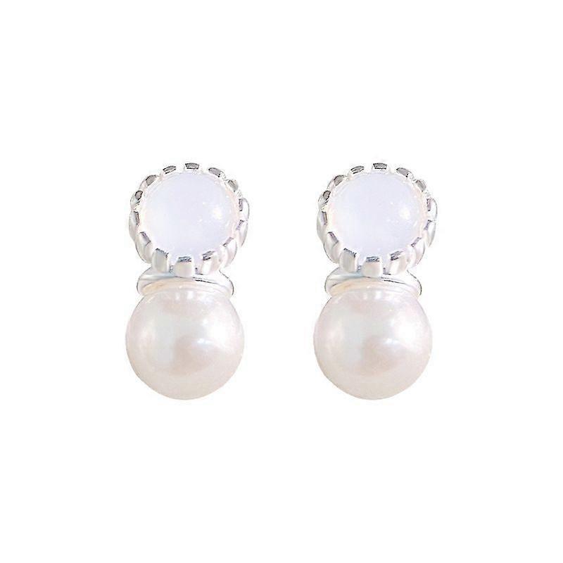 White Agate Pearl Earrings - Silver 925 Silver S925 Sterling Silver French White Agate Pearl Earrings for Women High-end Round Light Luxury